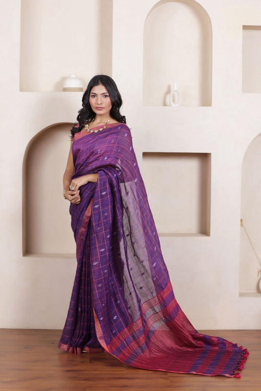 CLASSIC VIOLET GRACE LINEN CHECKS SAREE WITH WOVEN BUTTAS