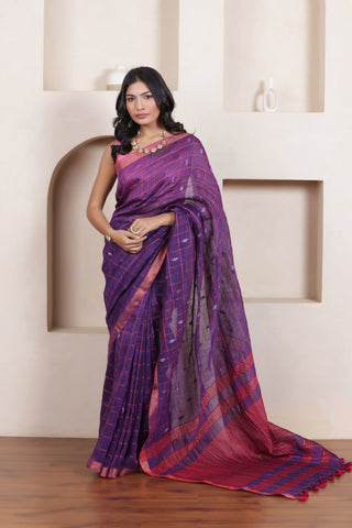 CLASSIC VIOLET GRACE LINEN CHECKS SAREE WITH WOVEN BUTTAS