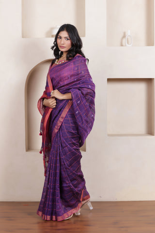 CLASSIC VIOLET GRACE LINEN CHECKS SAREE WITH WOVEN BUTTAS
