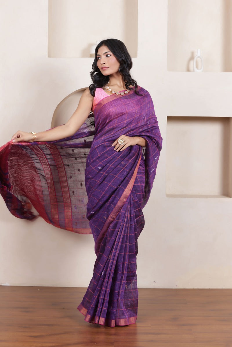 CLASSIC VIOLET GRACE LINEN CHECKS SAREE WITH WOVEN BUTTAS
