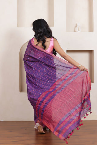 CLASSIC VIOLET GRACE LINEN CHECKS SAREE WITH WOVEN BUTTAS