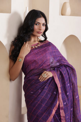 CLASSIC VIOLET GRACE LINEN CHECKS SAREE WITH WOVEN BUTTAS