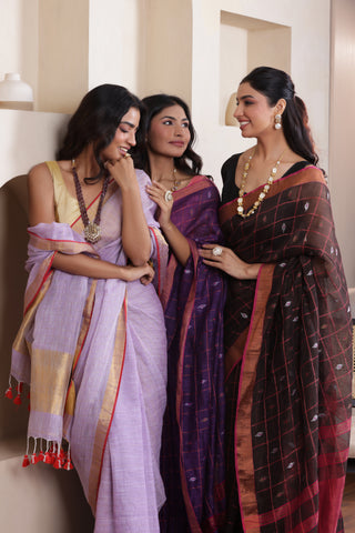 CLASSIC VIOLET GRACE LINEN CHECKS SAREE WITH WOVEN BUTTAS