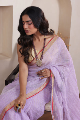 ELEGANT LAVENDER LINEN COTTON GRID SAREE WITH CLASSIC CHECK WEAVE