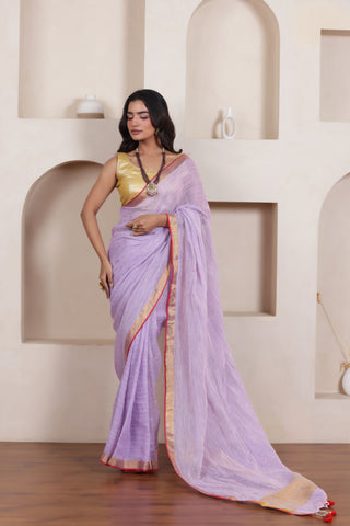 ELEGANT LAVENDER LINEN COTTON GRID SAREE WITH CLASSIC CHECK WEAVE