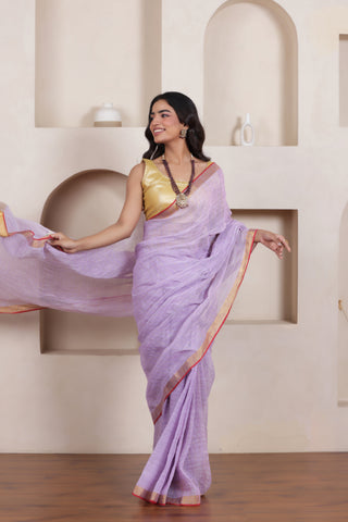 ELEGANT LAVENDER LINEN COTTON GRID SAREE WITH CLASSIC CHECK WEAVE