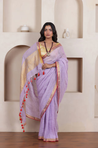 ELEGANT LAVENDER LINEN COTTON GRID SAREE WITH CLASSIC CHECK WEAVE