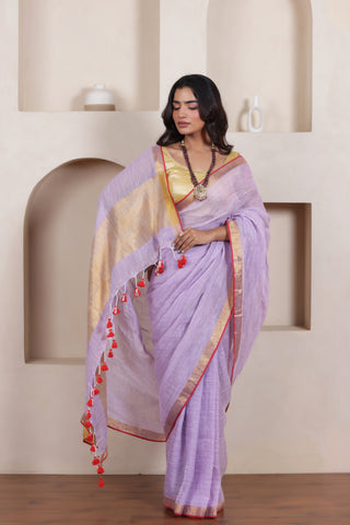 ELEGANT LAVENDER LINEN COTTON GRID SAREE WITH CLASSIC CHECK WEAVE