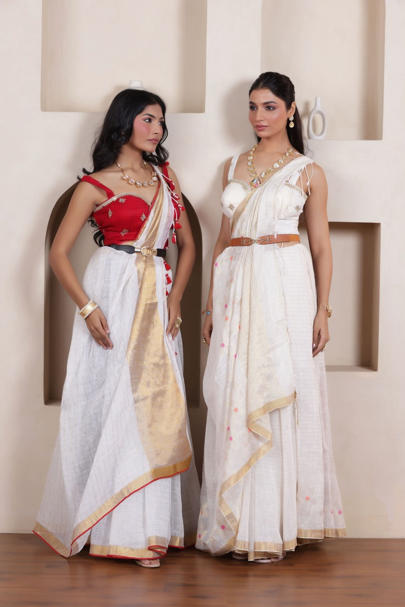 ELEGANT WHITE LINEN COTTON GRID SAREE WITH SUBTLE HANDWOVEN FINISH