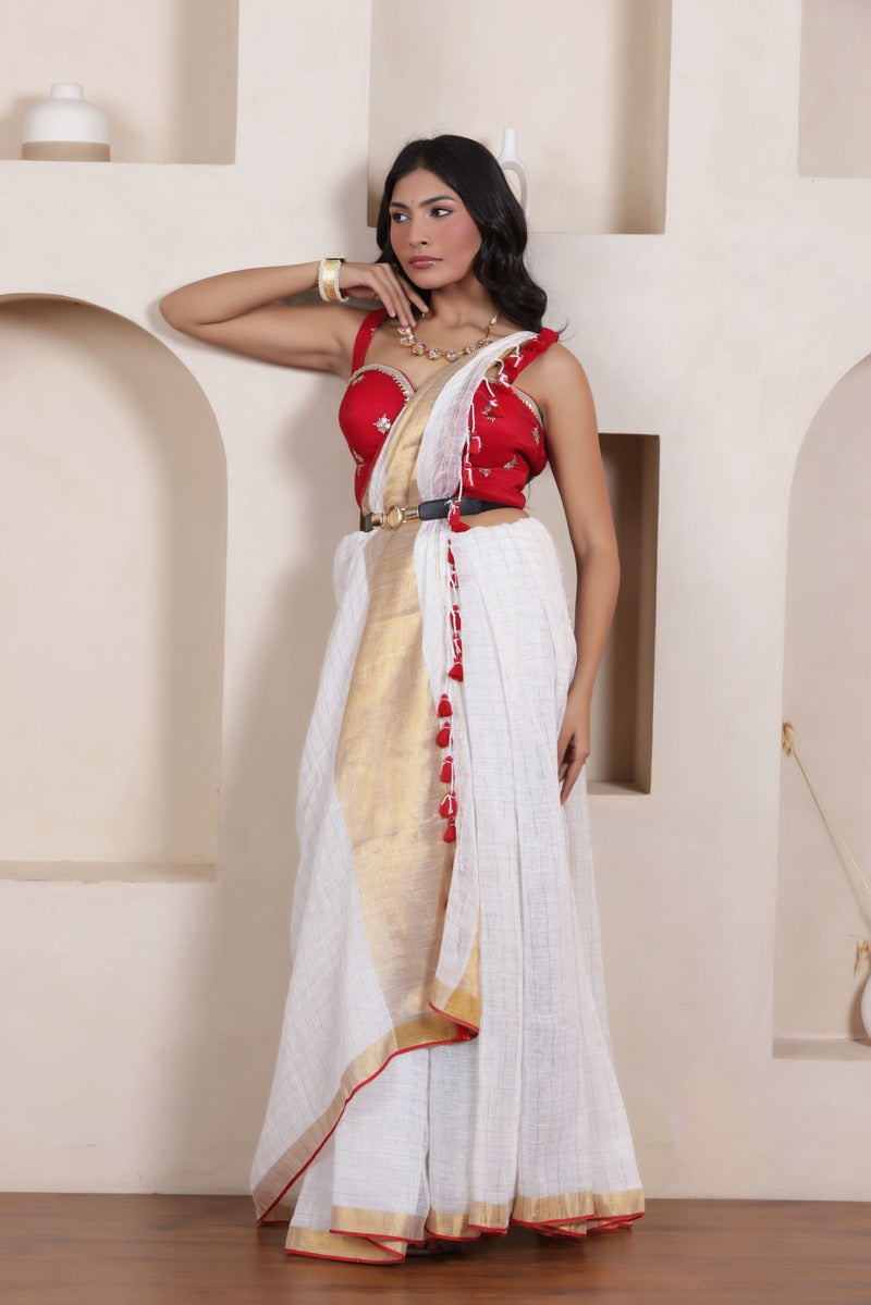 ELEGANT WHITE LINEN COTTON GRID SAREE WITH SUBTLE HANDWOVEN FINISH