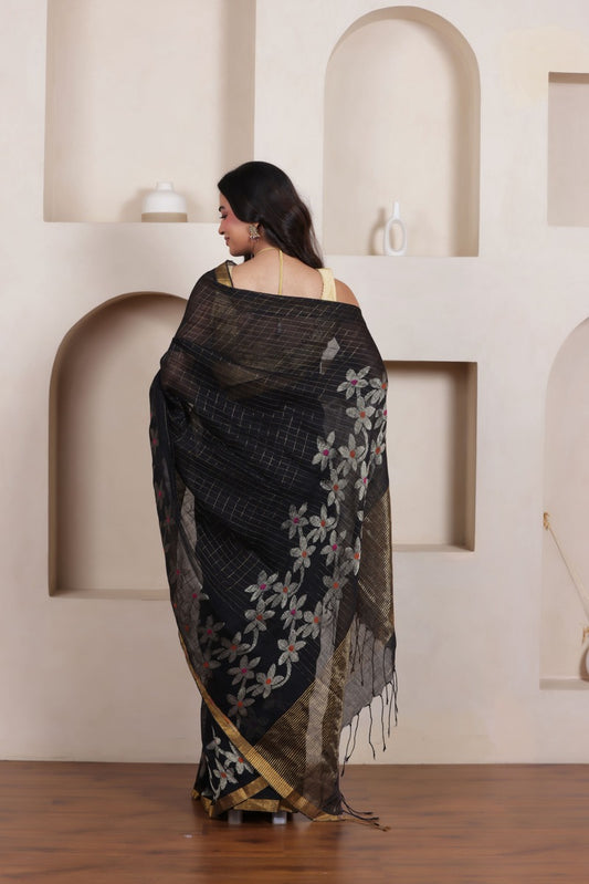 WOVEN LINEN CHECK SAREE IN BLACK WITH FLORAL ELEGANCE