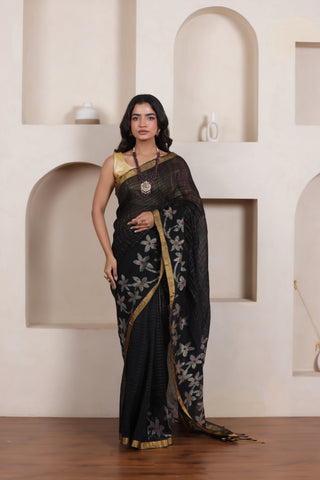 WOVEN LINEN CHECK SAREE IN BLACK WITH FLORAL ELEGANCE