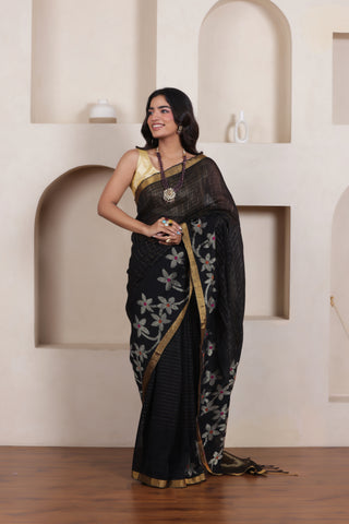 WOVEN LINEN CHECK SAREE IN BLACK WITH FLORAL ELEGANCE