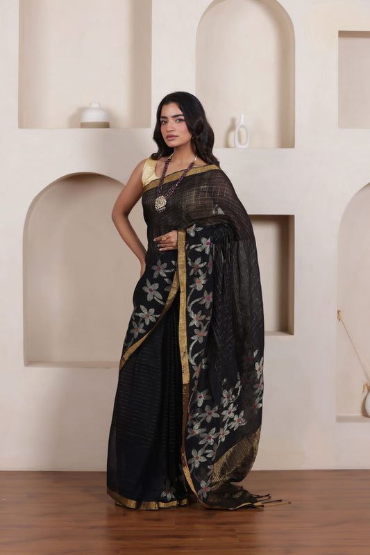 WOVEN LINEN CHECK SAREE IN BLACK WITH FLORAL ELEGANCE