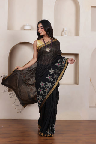 WOVEN LINEN CHECK SAREE IN BLACK WITH FLORAL ELEGANCE