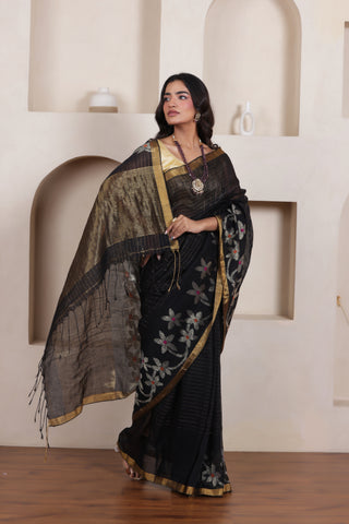 WOVEN LINEN CHECK SAREE IN BLACK WITH FLORAL ELEGANCE