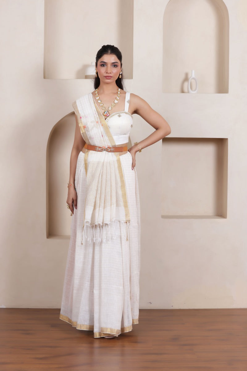 WOVEN LINEN CHECK SAREE IN WHITE WITH FLORAL ELEGANCE