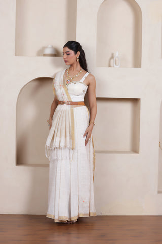 WOVEN LINEN CHECK SAREE IN WHITE WITH FLORAL ELEGANCE