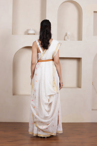 WOVEN LINEN CHECK SAREE IN WHITE WITH FLORAL ELEGANCE