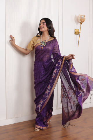 WOVEN LINEN CHECK SAREE IN VIOLET WITH FLORAL ELEGANCE