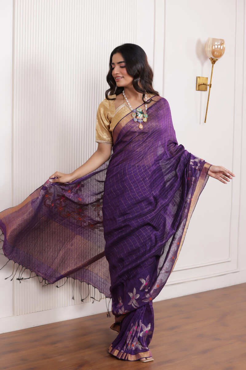 WOVEN LINEN CHECK SAREE IN VIOLET WITH FLORAL ELEGANCE