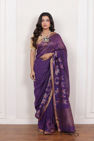 WOVEN LINEN CHECK SAREE IN VIOLET WITH FLORAL ELEGANCE