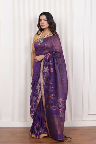WOVEN LINEN CHECK SAREE IN VIOLET WITH FLORAL ELEGANCE