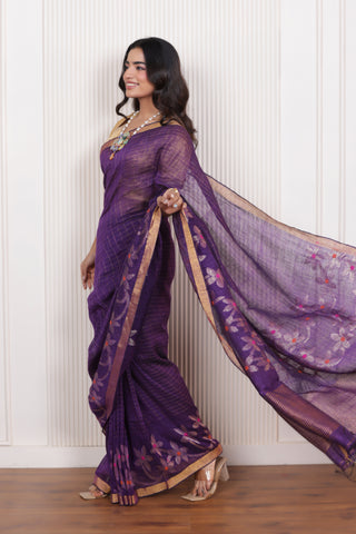 WOVEN LINEN CHECK SAREE IN VIOLET WITH FLORAL ELEGANCE