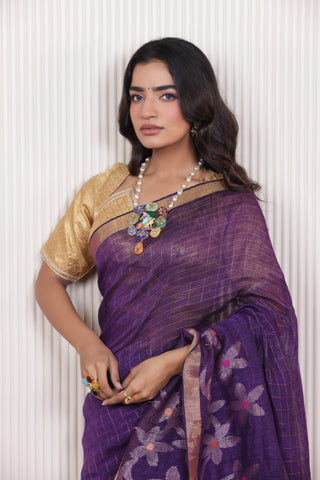 WOVEN LINEN CHECK SAREE IN VIOLET WITH FLORAL ELEGANCE