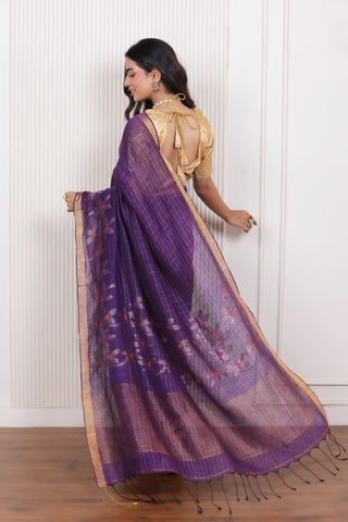 WOVEN LINEN CHECK SAREE IN VIOLET WITH FLORAL ELEGANCE