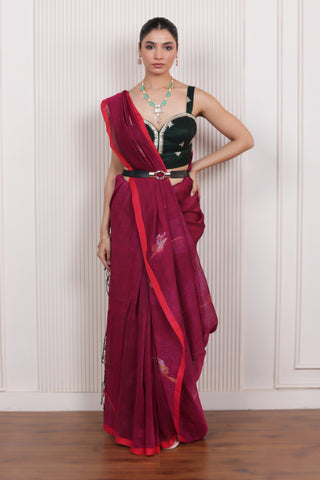 WOVEN TULIP LINEN ELEGANCE SAREE VIOLET WITH SUBTLE FLORAL WEAVE