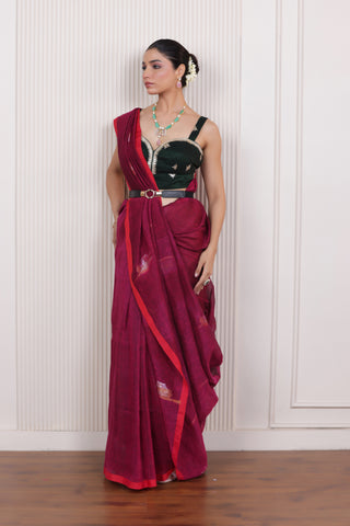 WOVEN TULIP LINEN ELEGANCE SAREE VIOLET WITH SUBTLE FLORAL WEAVE