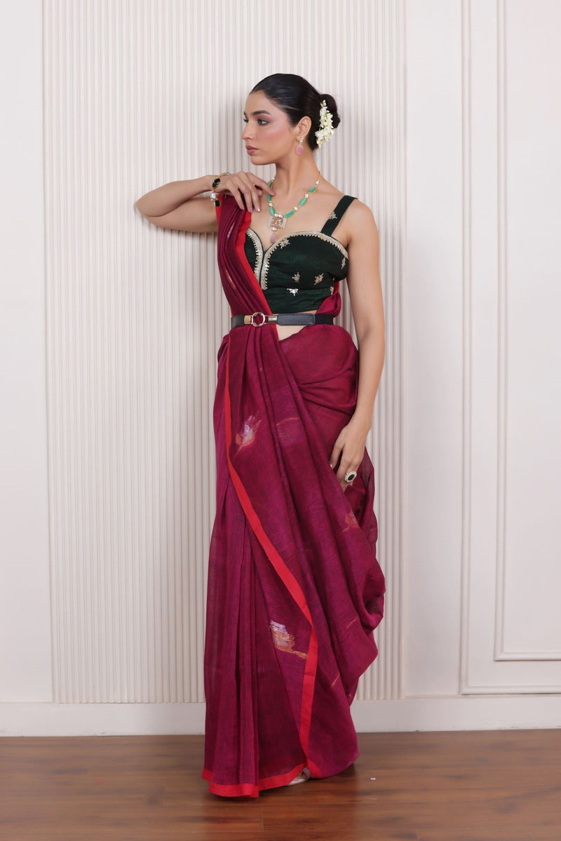 WOVEN TULIP LINEN ELEGANCE SAREE VIOLET WITH SUBTLE FLORAL WEAVE