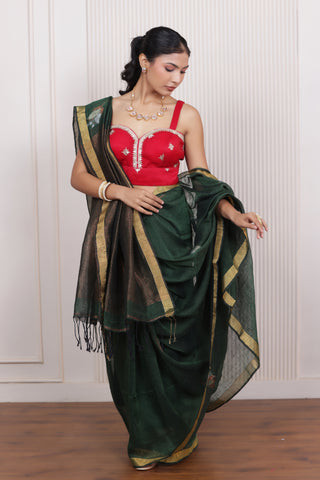 WOVEN TULIP LINEN ELEGANCE SAREE TIMELESS GRACE IN CLASSIC GREEN