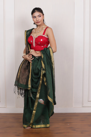 WOVEN TULIP LINEN ELEGANCE SAREE TIMELESS GRACE IN CLASSIC GREEN