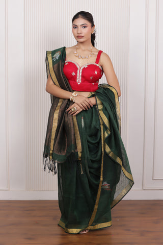 WOVEN TULIP LINEN ELEGANCE SAREE TIMELESS GRACE IN CLASSIC GREEN