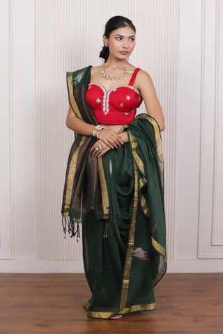 WOVEN TULIP LINEN ELEGANCE SAREE TIMELESS GRACE IN CLASSIC GREEN