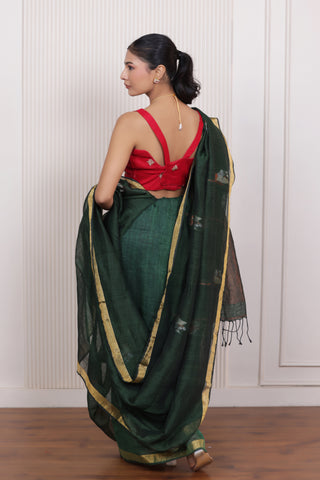 WOVEN TULIP LINEN ELEGANCE SAREE TIMELESS GRACE IN CLASSIC GREEN