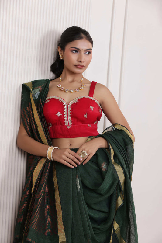 WOVEN TULIP LINEN ELEGANCE SAREE TIMELESS GRACE IN CLASSIC GREEN