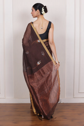 WOVEN TULIP LINEN ELEGANCE SAREE EARTHY BROWN IN HANDCRAFTED BLOOM
