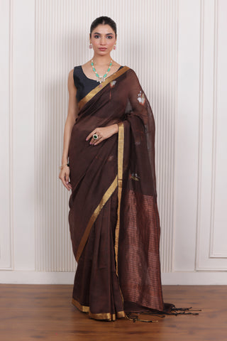WOVEN TULIP LINEN ELEGANCE SAREE EARTHY BROWN IN HANDCRAFTED BLOOM