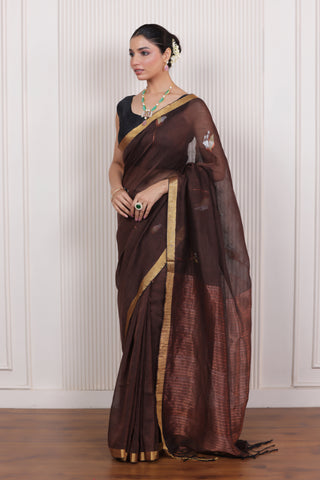WOVEN TULIP LINEN ELEGANCE SAREE EARTHY BROWN IN HANDCRAFTED BLOOM