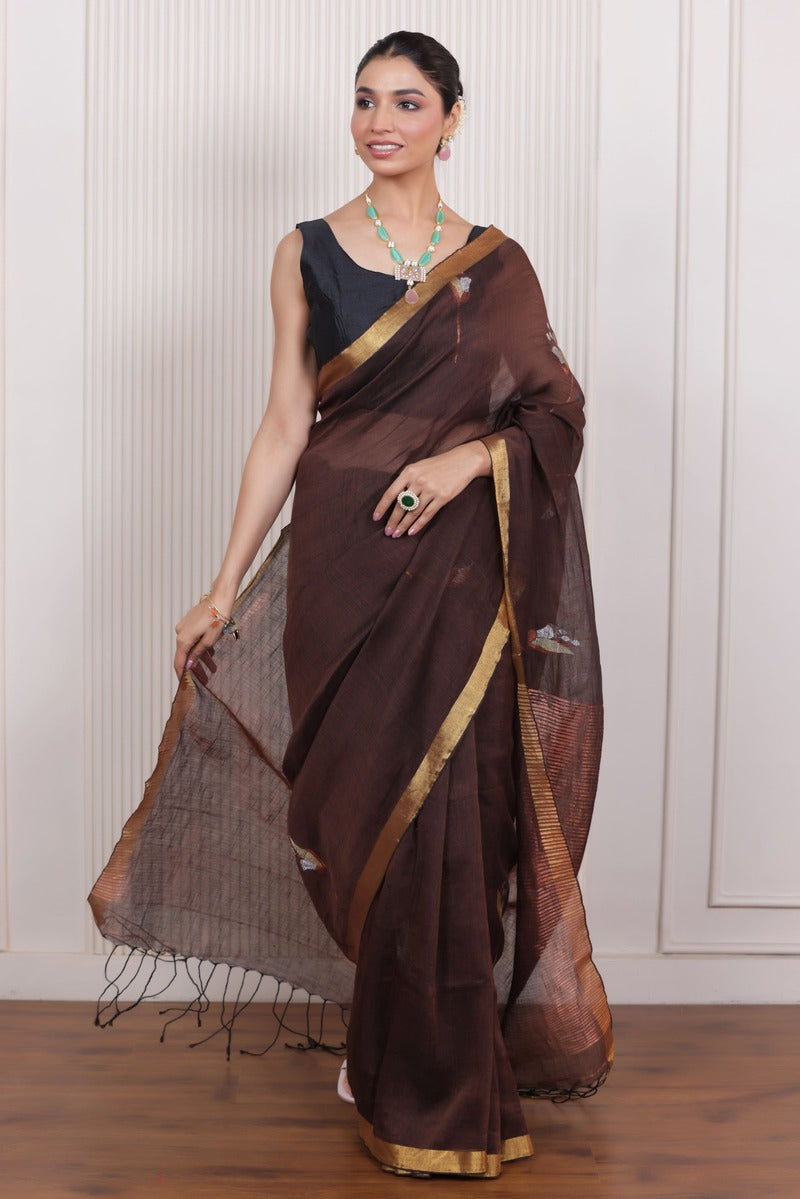 WOVEN TULIP LINEN ELEGANCE SAREE EARTHY BROWN IN HANDCRAFTED BLOOM