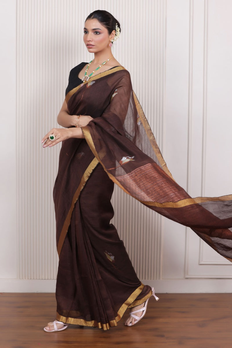 WOVEN TULIP LINEN ELEGANCE SAREE EARTHY BROWN IN HANDCRAFTED BLOOM