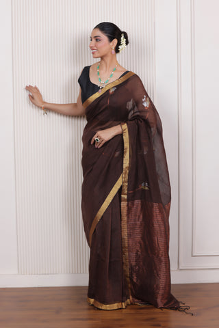 WOVEN TULIP LINEN ELEGANCE SAREE EARTHY BROWN IN HANDCRAFTED BLOOM