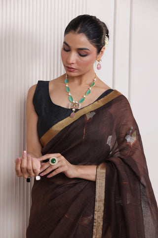 WOVEN TULIP LINEN ELEGANCE SAREE EARTHY BROWN IN HANDCRAFTED BLOOM
