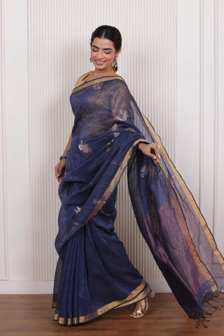 WOVEN TULIP LINEN ELEGANCE SAREE DRAPE OF SERENE BLUE SOPHISTICATION