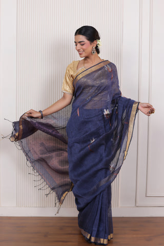 WOVEN TULIP LINEN ELEGANCE SAREE DRAPE OF SERENE BLUE SOPHISTICATION
