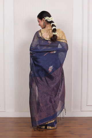 WOVEN TULIP LINEN ELEGANCE SAREE DRAPE OF SERENE BLUE SOPHISTICATION