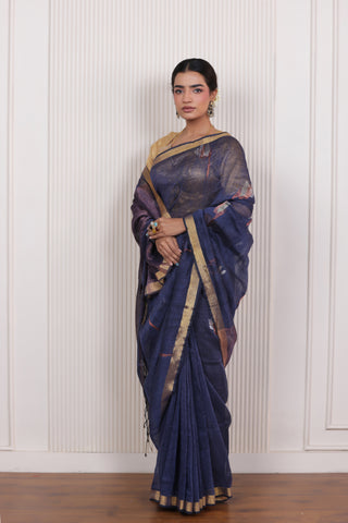 WOVEN TULIP LINEN ELEGANCE SAREE DRAPE OF SERENE BLUE SOPHISTICATION